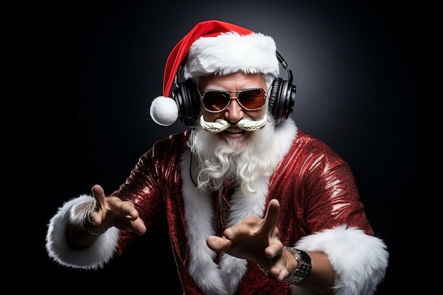 Funky pazzo Babbo Natale cuffia dj cantare il suono della canzone ascoltare musica su sfondo nero AI generato