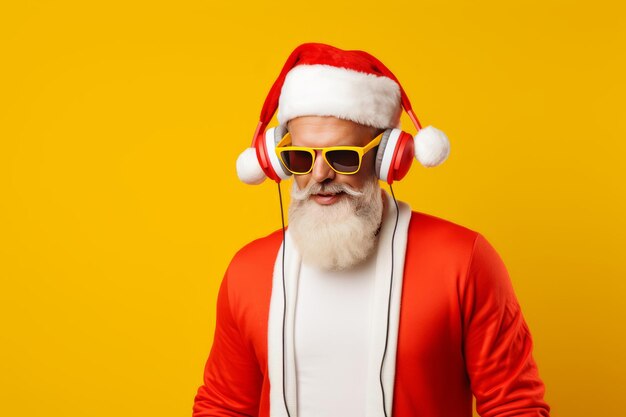Funky pazzo Santa Claus cuffia dj cantare il suono della canzone ascoltare musica su sfondo giallo AI Generato