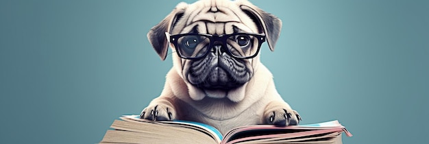 Funny dog in occhiali concept banner sul tema dell'educazione Cute pug su sfondo blu