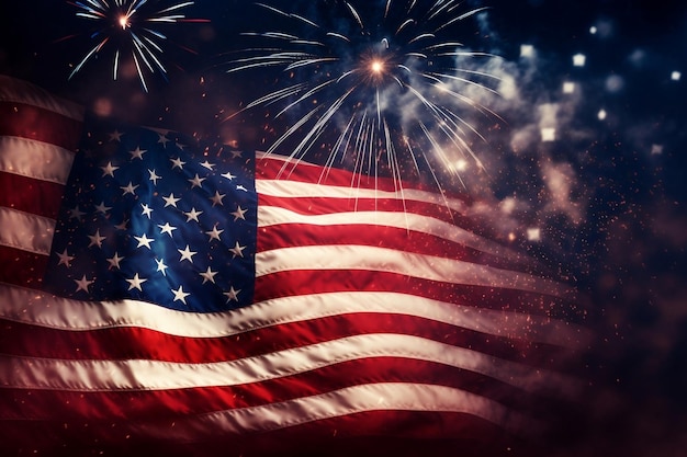 Fuochi d'artificio celebrativi contro la bandiera americana Generative AI