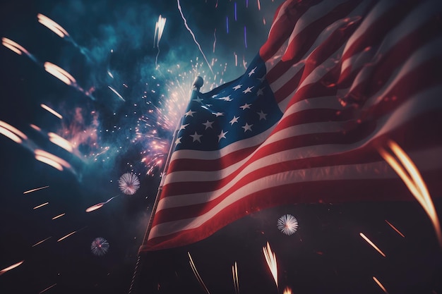 Fuochi d'artificio celebrativi generati dall'intelligenza artificiale sullo sfondo della bandiera americana durante il giorno dell'indipendenza degli Stati Uniti