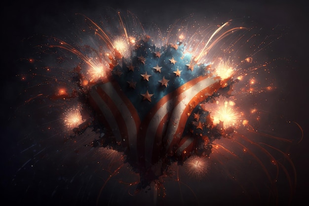 Fuochi d'artificio celebrativi generati dall'intelligenza artificiale sullo sfondo della bandiera americana durante il giorno dell'indipendenza degli Stati Uniti