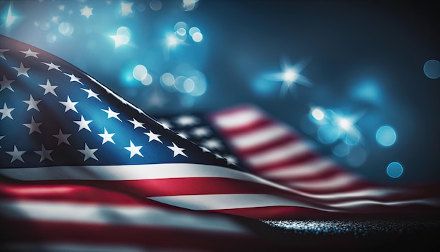 Fuochi d'artificio celebrativi sullo sfondo della bandiera degli Stati Uniti di notte Giorno dell'indipendenza Generative AI