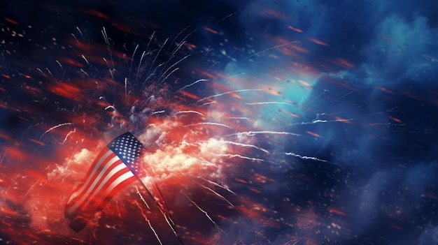 Fuochi d'artificio che esplodono nel cielo con una bandiera americana generativa ai