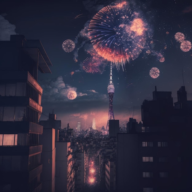 Fuochi d'artificio che esplodono sul paesaggio urbano creati utilizzando la tecnologia generativa dell'IA