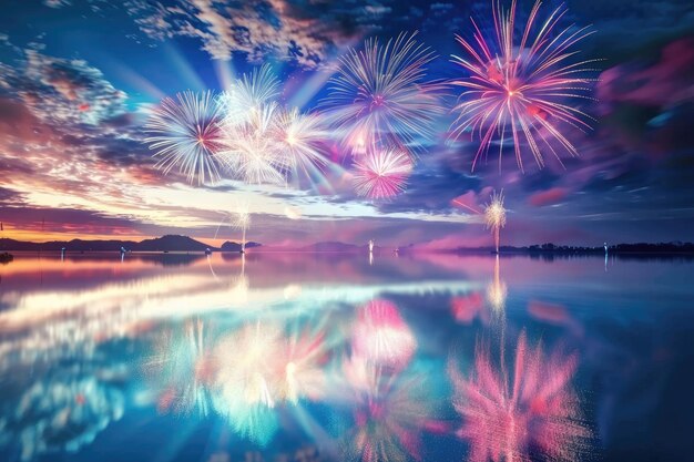 fuochi d'artificio che scoppiano nel cielo sopra l'acqua con il riflesso