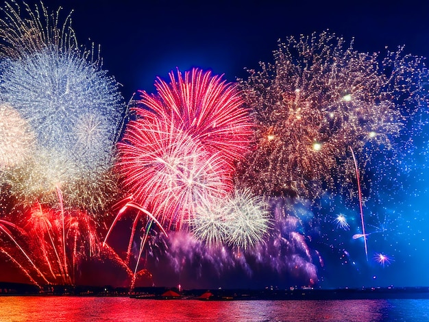 Fuochi d'artificio colorati a Capodanno e copia spazio astratto sfondo festivo elegante gl