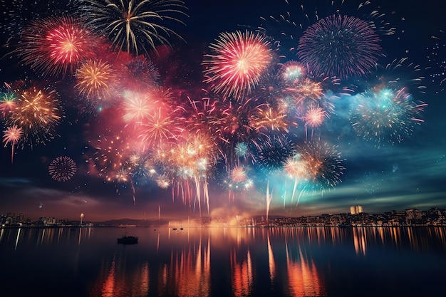 Fuochi d'artificio colorati di celebrazione su uno sfondo di cielo nero