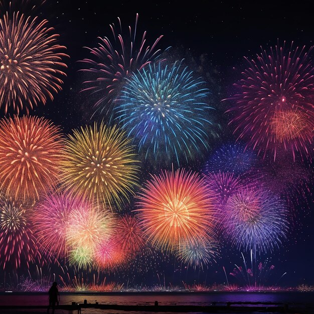 Fuochi d'artificio colorati di felice anno nuovo 2024