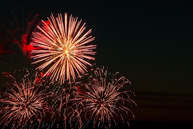 Fuochi d'artificio colorati luminosi in una notte festiva Esplosioni di fuoco colorato nel cielo