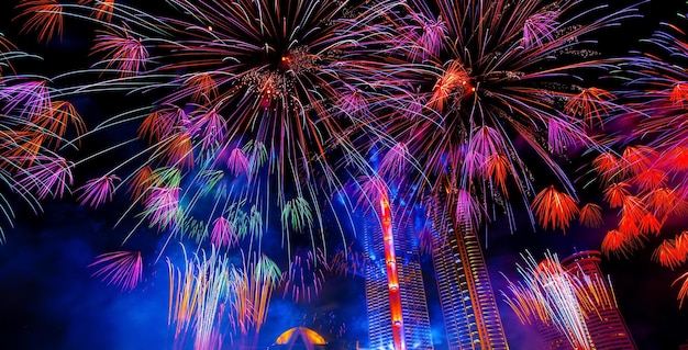 Fuochi d'artificio colorati per celebrare il nuovo anno al fiume Chao Phraya a Bangkok in Thailandia