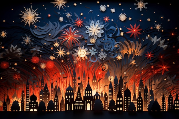 Fuochi d'artificio con vista sulla città dall'effetto di ritaglio di carta