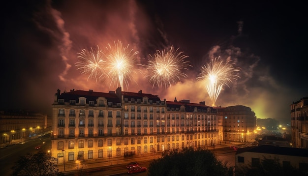 Fuochi d'artificio davanti a un edificio con un edificio sullo sfondo