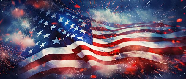 Fuochi d'artificio del giorno dell'indipendenza americana e bandiera americana