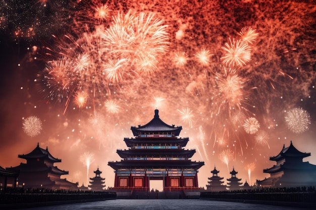 fuochi d'artificio di capodanno cinese su una silhouette di un tempio orientale