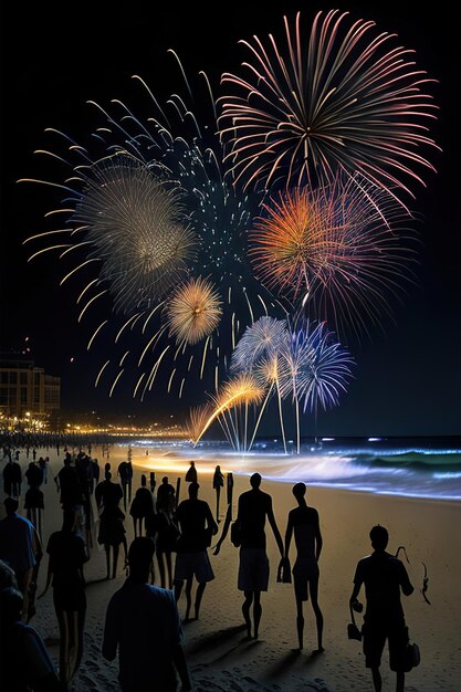 Fuochi d'artificio di notte sulla spiaggia con la gente AI generativa