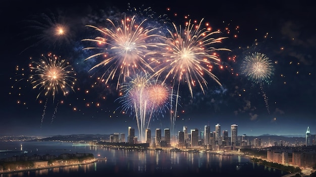 fuochi d'artificio esplodono sopra lo skyline di una città e uno skyline della città