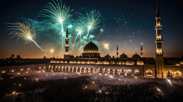 fuochi d'artificio esplodono sopra una moschea durante la celebrazione del nuovo anno lunare.