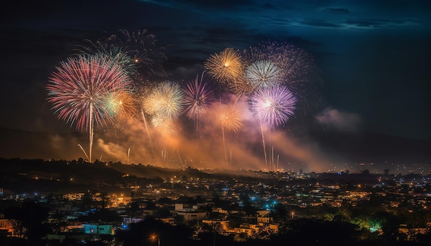 Fuochi d'artificio esplosivi illuminano lo skyline della città nella vibrante celebrazione del 4 luglio generata dall'intelligenza artificiale