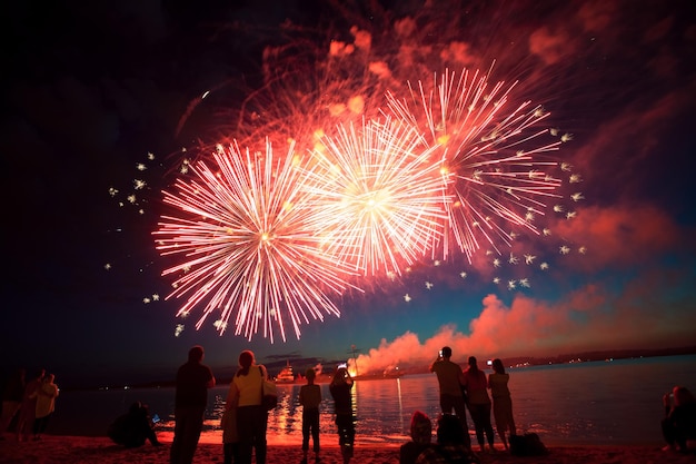 Fuochi d'artificio festivi sopra l'acqua con riflesso sullo sfondo del cielo nero