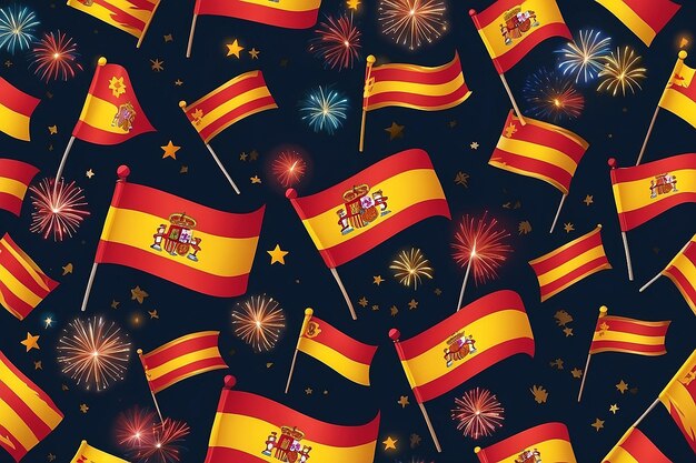 Fuochi d'artificio luminosi con bandiere della Spagna Bandiere della Felice Giornata della Spagna Illustrazione