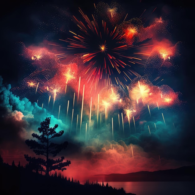 Fuochi d'artificio multicolori che esplodono sul paesaggio creato utilizzando la tecnologia ai generativa