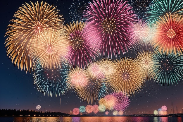 Fuochi d'artificio nel cielo con la luna sullo sfondo