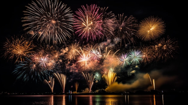 Fuochi d'artificio nel cielo con sopra la parola fuochi d'artificio