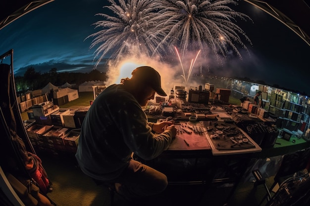 Fuochi d'artificio nel cielo con un uomo che lavora su una macchina