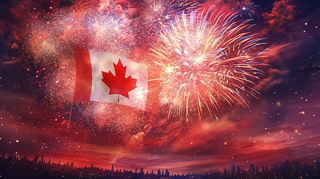 Fuochi d'artificio nel cielo con una bandiera canadese