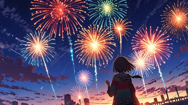 Fuochi d'artificio nel cielo con una donna che guarda