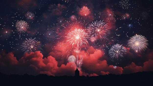 fuochi d'artificio nel cielo notturno bellissime esplosioni colorate AI generativa