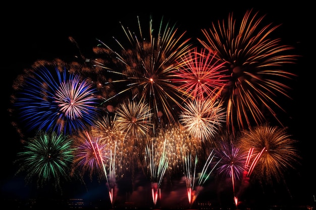 Fuochi d'artificio nel cielo notturno con sopra la parola fuochi d'artificio