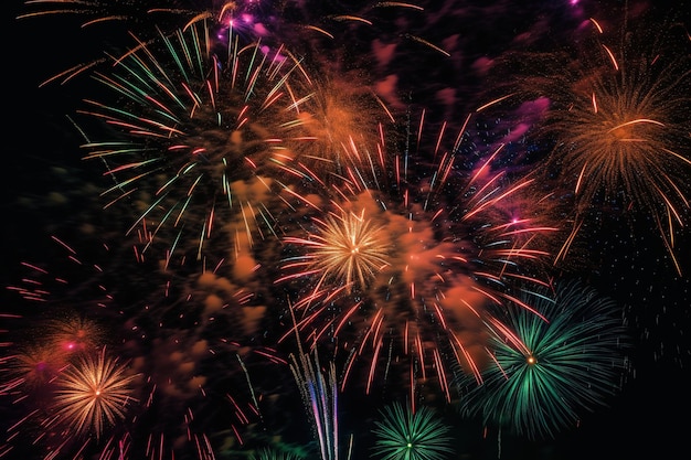 Fuochi d'artificio nel cielo notturno con sopra la parola fuochi d'artificio