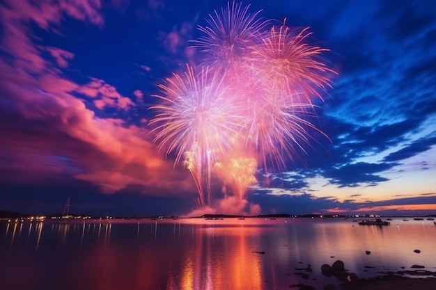 Fuochi d'artificio nel cielo sopra un lago