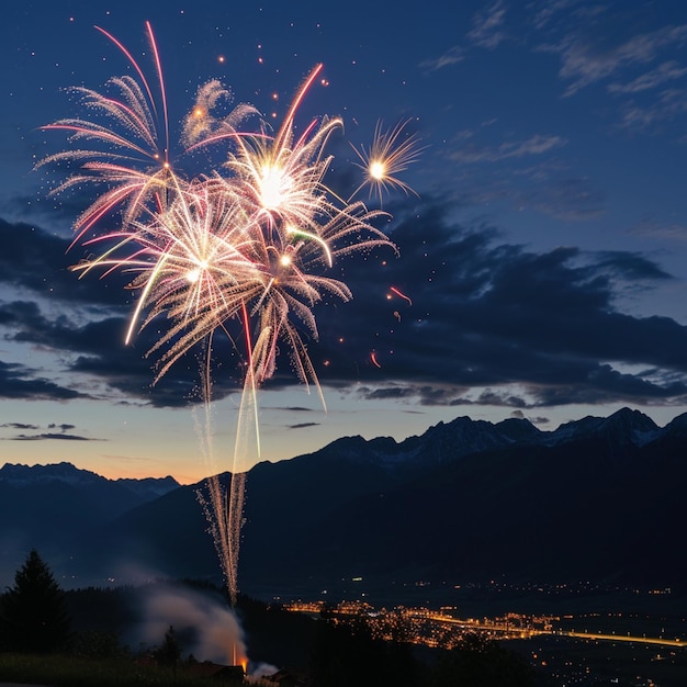 fuochi d'artificio nel cielo sopra una città con le montagne sullo sfondo generativo ai