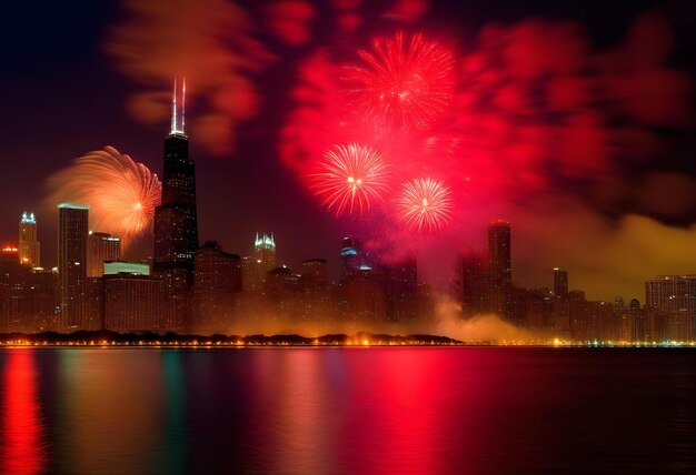 Fuochi d'artificio rossi sopra il lago Michigan circondati