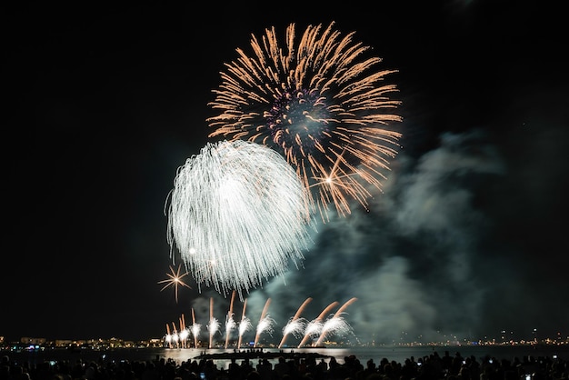 Fuochi d'artificio scenici di notte nel porto di Cannes Francia