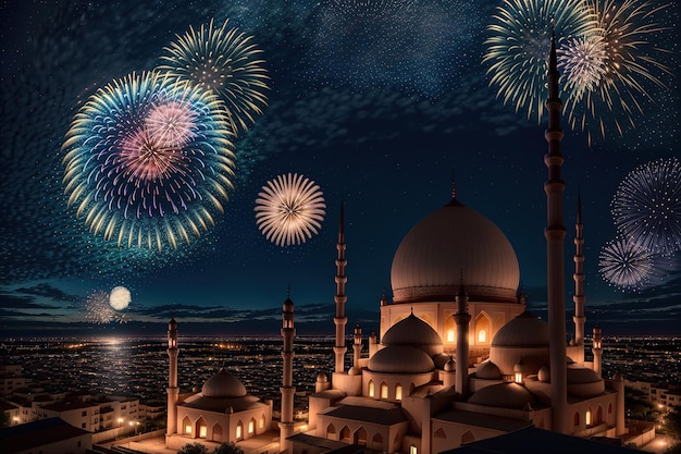 Fuochi d'artificio sopra una moschea a dubai