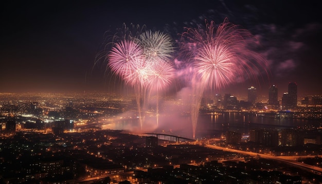 Fuochi d'artificio su una città di notte con una città sullo sfondo