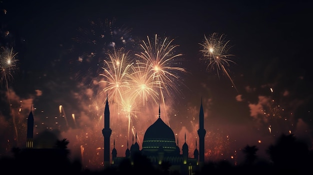 Fuochi d'artificio su una moschea con una moschea blu sullo sfondo