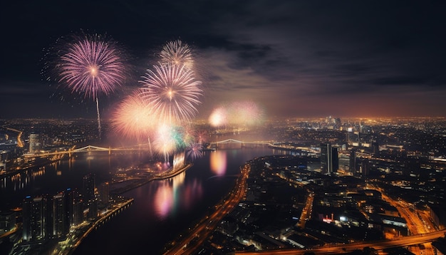 Fuochi d'artificio sul fiume in città