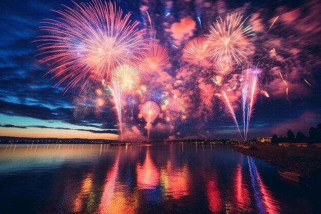 Fuochi d'artificio sul lago con un riflesso nell'acqua