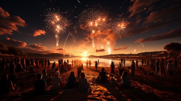 fuochi d'artificio sulla spiaggia con la gente che guarda