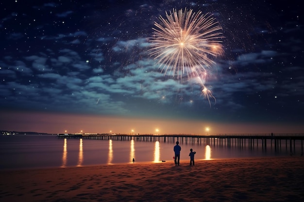 Fuochi d'artificio sulla spiaggia di notte con un uomo e un bambino sulla spiaggia a guardare