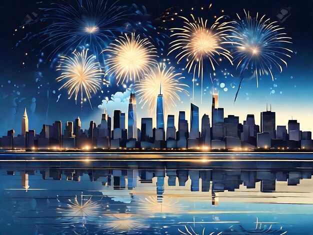 Fuochi d'artificio sullo skyline di New York con sfondo blu cielo scuro e beige chiaro