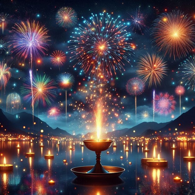 Fuochi d'artificio vivaci e colorati di notte Celebrazione dei fuochid'artificio di Capodanno