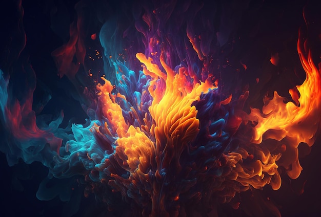 Fuoco al neon multicolore su sfondo scuro Fiamme surreali di rosso blu e giallo Fantastico motivo in movimento Rendering 3D AI generato