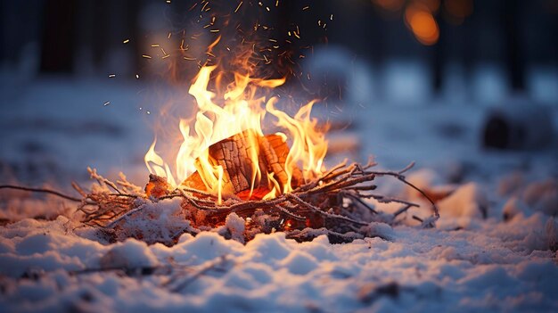 Fuoco da campeggio invernale Fuoco sulla neve nella foresta invernale fuori casa famiglia fine settimana in una giornata di neve