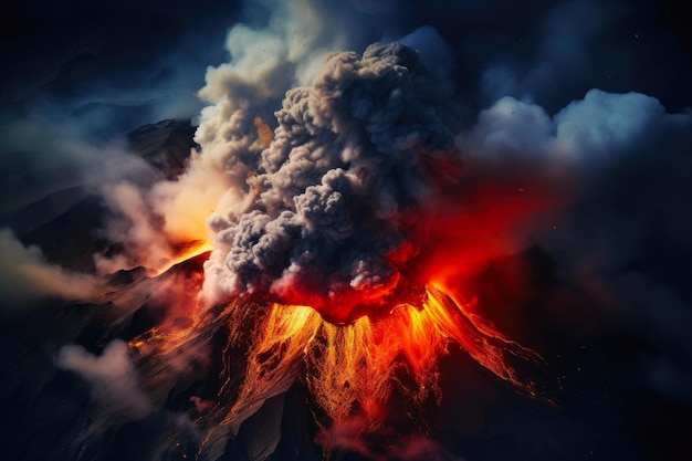 Fuoco dall'alto Stupefacente prospettiva aerea di un vulcano in furia